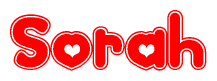 The image is a red and white graphic with the word Sorah written in a decorative script. Each letter in  is contained within its own outlined bubble-like shape. Inside each letter, there is a white heart symbol.