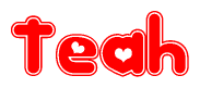 The image is a red and white graphic with the word Teah written in a decorative script. Each letter in  is contained within its own outlined bubble-like shape. Inside each letter, there is a white heart symbol.