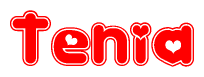   The image is a red and white graphic with the word Tenia written in a decorative script. Each letter in  is contained within its own outlined bubble-like shape. Inside each letter, there is a white heart symbol. 