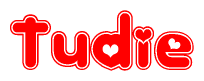 The image displays the word Tudie written in a stylized red font with hearts inside the letters.