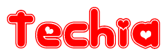The image displays the word Techia written in a stylized red font with hearts inside the letters.
