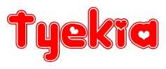 The image is a red and white graphic with the word Tyekia written in a decorative script. Each letter in  is contained within its own outlined bubble-like shape. Inside each letter, there is a white heart symbol.