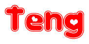 The image is a red and white graphic with the word Teng written in a decorative script. Each letter in  is contained within its own outlined bubble-like shape. Inside each letter, there is a white heart symbol.