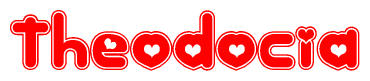 The image is a clipart featuring the word Theodocia written in a stylized font with a heart shape replacing inserted into the center of each letter. The color scheme of the text and hearts is red with a light outline.