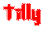 The image displays the word Tilly written in a stylized red font with hearts inside the letters.