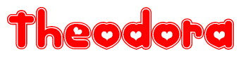 The image is a clipart featuring the word Theodora written in a stylized font with a heart shape replacing inserted into the center of each letter. The color scheme of the text and hearts is red with a light outline.