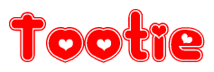 The image is a clipart featuring the word Tootie written in a stylized font with a heart shape replacing inserted into the center of each letter. The color scheme of the text and hearts is red with a light outline.