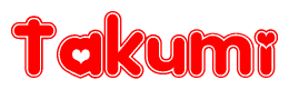 The image is a clipart featuring the word Takumi written in a stylized font with a heart shape replacing inserted into the center of each letter. The color scheme of the text and hearts is red with a light outline.