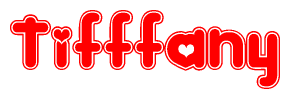 The image is a red and white graphic with the word Tifffany written in a decorative script. Each letter in  is contained within its own outlined bubble-like shape. Inside each letter, there is a white heart symbol.