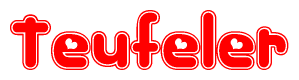 The image is a red and white graphic with the word Teufeler written in a decorative script. Each letter in  is contained within its own outlined bubble-like shape. Inside each letter, there is a white heart symbol.
