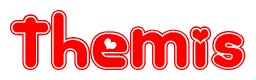 The image displays the word Themis written in a stylized red font with hearts inside the letters.