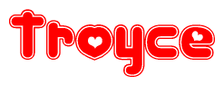 The image is a clipart featuring the word Troyce written in a stylized font with a heart shape replacing inserted into the center of each letter. The color scheme of the text and hearts is red with a light outline.