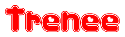 The image is a red and white graphic with the word Trenee written in a decorative script. Each letter in  is contained within its own outlined bubble-like shape. Inside each letter, there is a white heart symbol.
