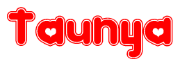 The image is a red and white graphic with the word Taunya written in a decorative script. Each letter in  is contained within its own outlined bubble-like shape. Inside each letter, there is a white heart symbol.
