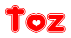 The image is a red and white graphic with the word Toz written in a decorative script. Each letter in  is contained within its own outlined bubble-like shape. Inside each letter, there is a white heart symbol.