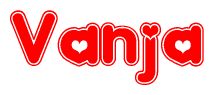 The image is a red and white graphic with the word Vanja written in a decorative script. Each letter in  is contained within its own outlined bubble-like shape. Inside each letter, there is a white heart symbol.