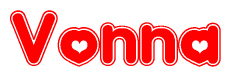 The image is a red and white graphic with the word Vonna written in a decorative script. Each letter in  is contained within its own outlined bubble-like shape. Inside each letter, there is a white heart symbol.