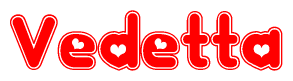 The image is a clipart featuring the word Vedetta written in a stylized font with a heart shape replacing inserted into the center of each letter. The color scheme of the text and hearts is red with a light outline.