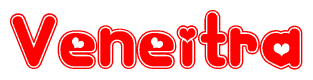 The image is a clipart featuring the word Veneitra written in a stylized font with a heart shape replacing inserted into the center of each letter. The color scheme of the text and hearts is red with a light outline.