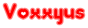 The image is a red and white graphic with the word Voxxyus written in a decorative script. Each letter in  is contained within its own outlined bubble-like shape. Inside each letter, there is a white heart symbol.