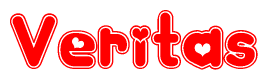 The image is a clipart featuring the word Veritas written in a stylized font with a heart shape replacing inserted into the center of each letter. The color scheme of the text and hearts is red with a light outline.