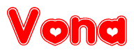 The image is a clipart featuring the word Vona written in a stylized font with a heart shape replacing inserted into the center of each letter. The color scheme of the text and hearts is red with a light outline.