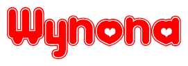 The image is a red and white graphic with the word Wynona written in a decorative script. Each letter in  is contained within its own outlined bubble-like shape. Inside each letter, there is a white heart symbol.