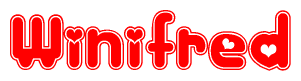 The image is a clipart featuring the word Winifred written in a stylized font with a heart shape replacing inserted into the center of each letter. The color scheme of the text and hearts is red with a light outline.