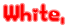 The image is a red and white graphic with the word White written in a decorative script. Each letter in  is contained within its own outlined bubble-like shape. Inside each letter, there is a white heart symbol.