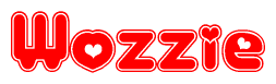 The image is a red and white graphic with the word Wozzie written in a decorative script. Each letter in  is contained within its own outlined bubble-like shape. Inside each letter, there is a white heart symbol.