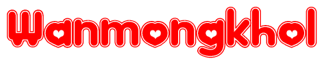 The image is a clipart featuring the word Wanmongkhol written in a stylized font with a heart shape replacing inserted into the center of each letter. The color scheme of the text and hearts is red with a light outline.
