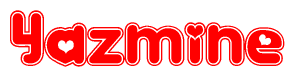The image is a clipart featuring the word Yazmine written in a stylized font with a heart shape replacing inserted into the center of each letter. The color scheme of the text and hearts is red with a light outline.