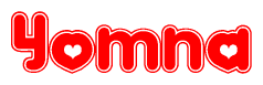 The image displays the word Yomna written in a stylized red font with hearts inside the letters.