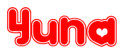 The image is a red and white graphic with the word Yuna written in a decorative script. Each letter in  is contained within its own outlined bubble-like shape. Inside each letter, there is a white heart symbol.