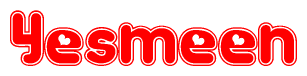 The image is a red and white graphic with the word Yesmeen written in a decorative script. Each letter in  is contained within its own outlined bubble-like shape. Inside each letter, there is a white heart symbol.