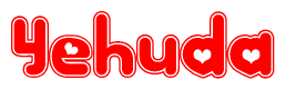The image is a clipart featuring the word Yehuda written in a stylized font with a heart shape replacing inserted into the center of each letter. The color scheme of the text and hearts is red with a light outline.