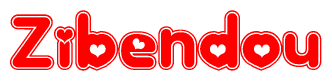The image is a red and white graphic with the word Zibendou written in a decorative script. Each letter in  is contained within its own outlined bubble-like shape. Inside each letter, there is a white heart symbol.