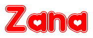   The image is a red and white graphic with the word Zana written in a decorative script. Each letter in  is contained within its own outlined bubble-like shape. Inside each letter, there is a white heart symbol. 