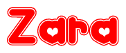 The image is a clipart featuring the word Zara written in a stylized font with a heart shape replacing inserted into the center of each letter. The color scheme of the text and hearts is red with a light outline.