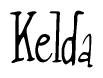 The image is a stylized text or script that reads 'Kelda' in a cursive or calligraphic font.