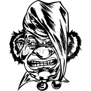 Black and white clipart of a scary and fierce-looking clown with an angry expression, suitable for tattoo art or vinyl designs.