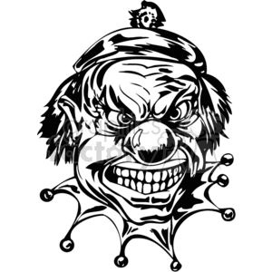 A black and white tattoo-style art of a menacing clown with an angry expression.