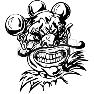 Black and white tattoo-style illustration of a scary, angry clown with exaggerated features.