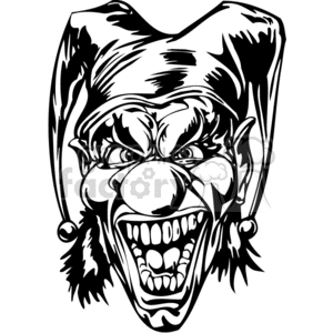 A black and white clipart image of an angry and evil-looking clown with exaggerated features, suitable for tattoo art or vinyl designs.