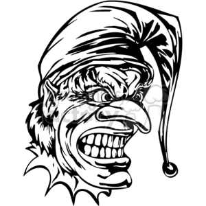 Black and white tattoo-style illustration of an angry, evil-looking clown face with exaggerated features and a sinister expression.