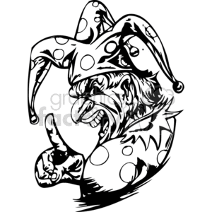 A black and white tattoo-style illustration of an angry clown with a jester hat, showing a menacing expression.