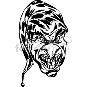 Black and white clipart of an angry, evil-looking clown face with sharp features and exaggerated expressions, suitable for tattoo art and vinyl designs.