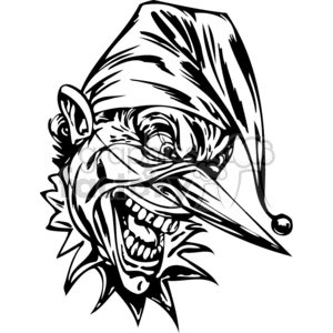 A black-and-white clipart image of an angry, evil-looking clown with sharp, exaggerated features, suitable for tattoo or vinyl art.