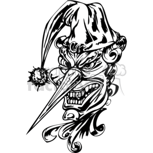 Black and white tattoo-style clipart of a menacing clown with an exaggerated nose and angry expression.