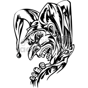 A black and white clipart image of an angry and sinister-looking clown with exaggerated facial features and clenched teeth.